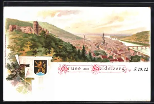 Lithographie Heidelberg, Schloss, Altstadt, Neckarbrücke