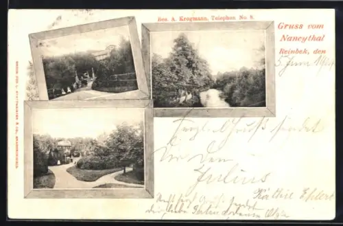 AK Reinbek, Hotel Nancytal, Bes. A. Krogmann, Parkansichten, Flusslauf, Gartenanlage
