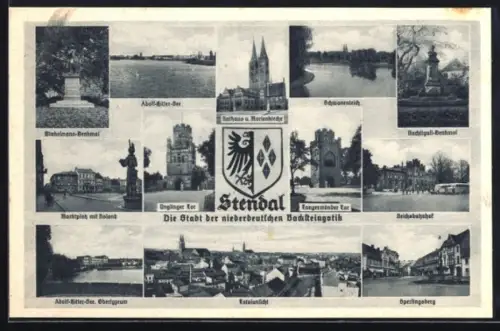 AK Stendal, Marktplatz mit Roland, Rathaus u. Marienkirche, Tangermünder Tor