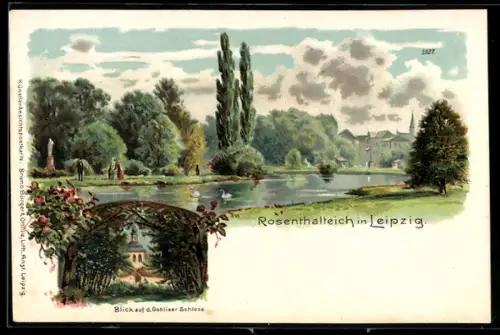 Lithographie Leipzig, Rosenthalteich, Blick auf das Gohliser Schloss