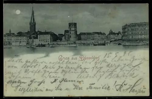 Mondschein-AK Düsseldorf, Ortsansicht vom Rhein aus
