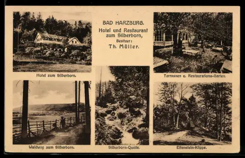 AK Bad Harzburg, Hotel und Restaurant zum Silberborn, Bes. Th. Müller, Silberborn-Quelle, Elfenstein-Klippen