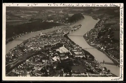 AK Passau, Fliegeraufnahme Dreiflüssestadt mit Brücken
