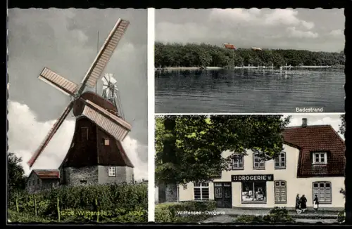 AK Gross-Wittensee, Drogerie, Badestrand, Windmühle