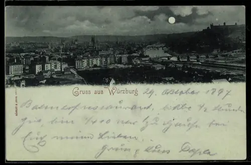 Mondschein-AK Würzburg, Ortsansicht mit Mainbrücke