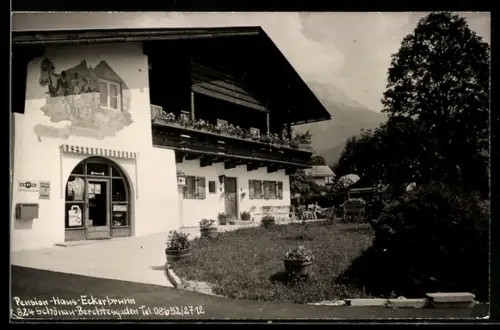 AK Schönau-Berchtesgaden, Hotel-Pension Haus Eckerbrunn mit Fassadenmalerei