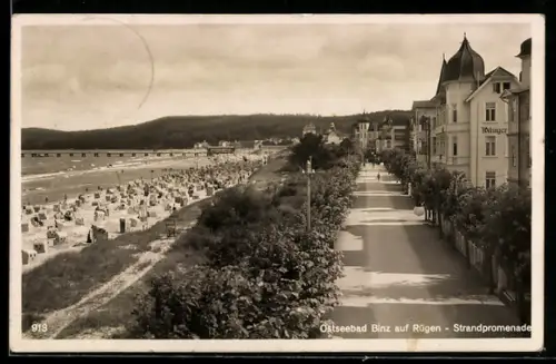 AK Binz auf Rügen, Strandpromenade und Ostseestrand mit Seebrücke