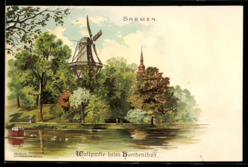 Lithographie Bremen, Wallpartie beim Heerdenthor, am Ententeich mit Blick zur Windmühle