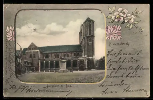 AK Braunschweig, Burgplatz mit Dom, Blumen-Passepartout