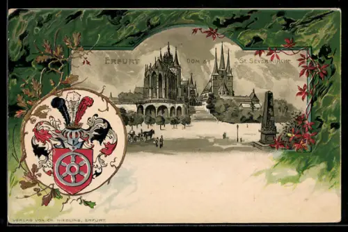 Passepartout-Lithographie Erfurt, Dom, St. Severinskirche und Wappen