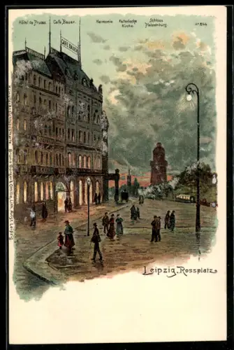 Lithographie Leipzig, Rossplatz, Hôtel de Prusse, Café Bauer