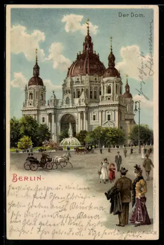 Lithographie Berlin, Dom, Brunnen, Strassenleben