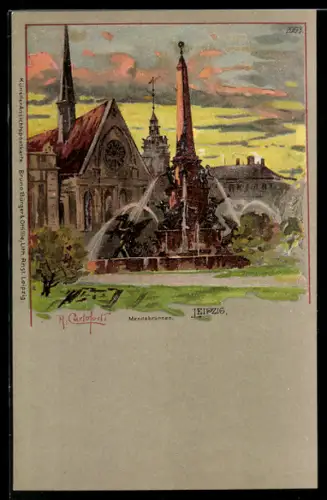 Lithographie Leipzig, Mendebrunnen, Kirche, Stadtansicht