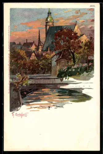 Lithographie Leipzig, Blick auf die Thomaskirche und Umgebung