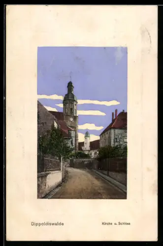 Künstler-AK Dippoldiswalde, Strassenpartie mit Blick auf Kirche u. Schloss