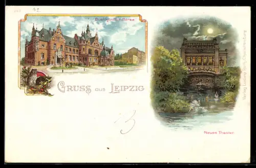 Lithographie Leipzig, Buchhändler-Börse, Neues Theater