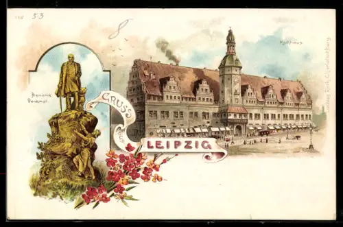 Lithographie Leipzig, Rathaus, Bismarck-Denkmal