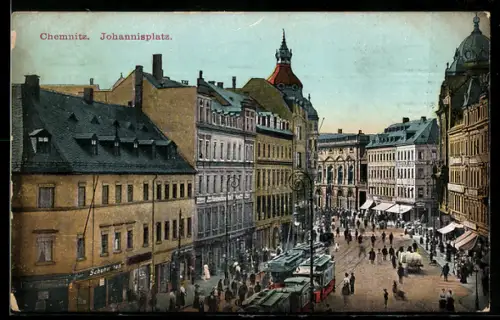 AK Chemnitz, Johannisplatz, Strassenbahn, Geschäftshäuser, belebte Strassenszene