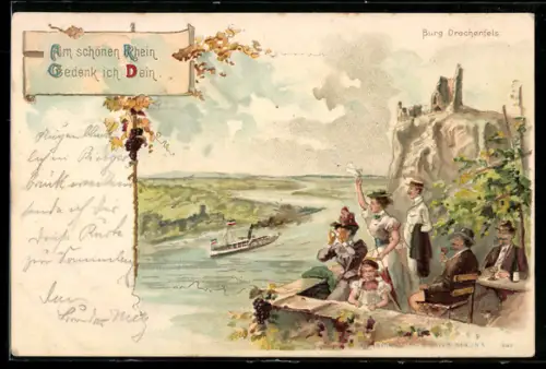 Lithographie Königswinter, Burg Drachenfels, Rheinlandschaft, Dampfschiff