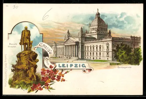Lithographie Leipzig, Reichsgericht, Bismarck-Denkmal