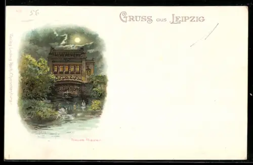 Lithographie Leipzig, Neues Theater bei Mondschein