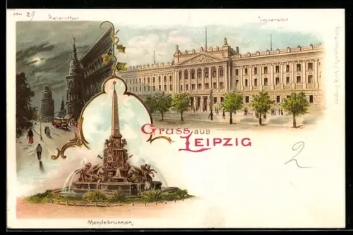Lithographie Leipzig, Universität, Mende-Brunnen, Peterstor bei Mondschein