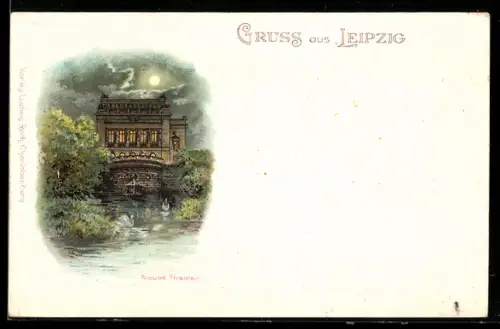 Lithographie Leipzig, Neues Theater nachts bei Mondschein