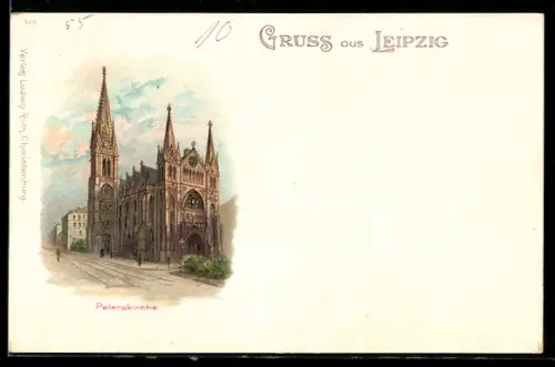 Lithographie Leipzig, Strassenpartie an der Peterskirche