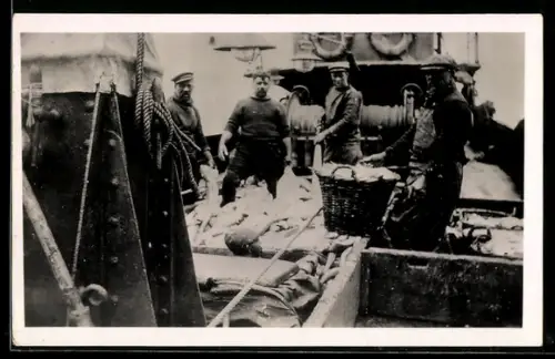 AK Besatzung eines Fischdampfers mit dem Fang, Fischerei