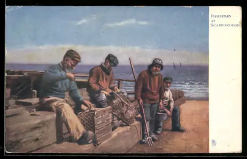 AK Scarborough, Fishermen at the Beach, Fischer flicken Netze