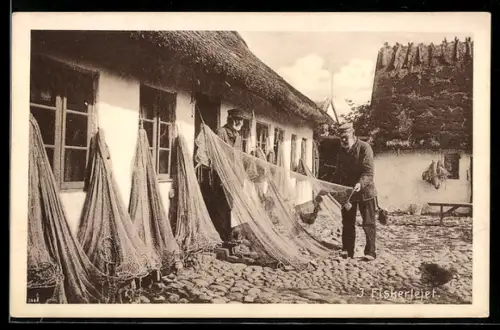 AK Fischer beim Trocknen der Fangnetze, Fischerei