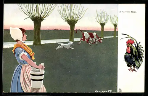 AK Junge Frau mit Milchbottich, Hund jagd eine Kuh