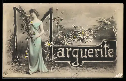 Foto-AK NPG Nr. 398 /20: Junge Frau mit Blumen vor dem Namen Marguerite