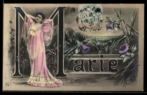 AK Namenstag, Marie, Frau in langem Gewand streckt sich, Blumen