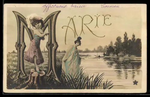 AK Namenstag, Maurice, Frauen am Flussufer mit Landschaft