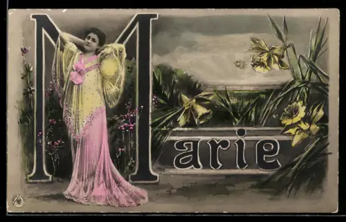 AK Namenstag, Marie, Frau in langem Gewand streckt sich, Blumen