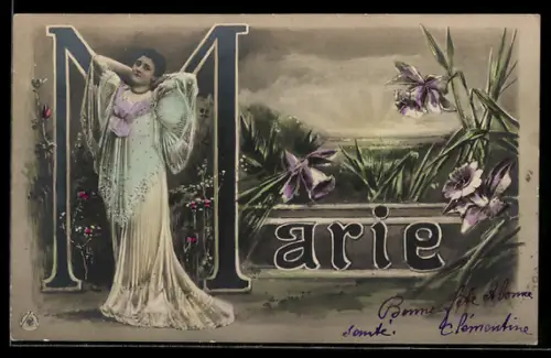 AK Namenstag, Marie, Frau in langem Gewand streckt sich, Blumen