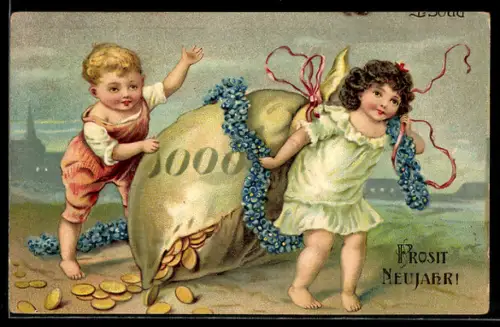 AK Zwei kleine Kinder schleppen schweren Sack mit Goldmünzen, Geld