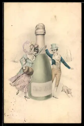 AK Paar und Glücksschwein bei einer riesigen Flasche Carte Blanche-Wein