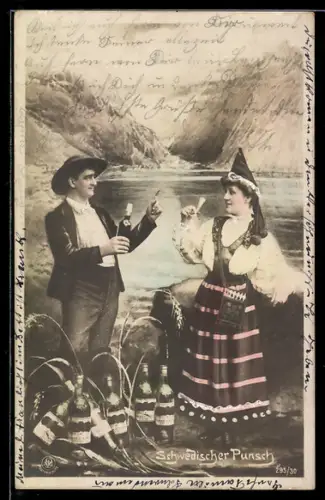 AK Paar in Trachten beim Weintrinken