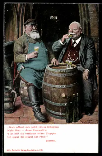 AK Zwei alte Herren sitzen an einem Fass und trinken Wein