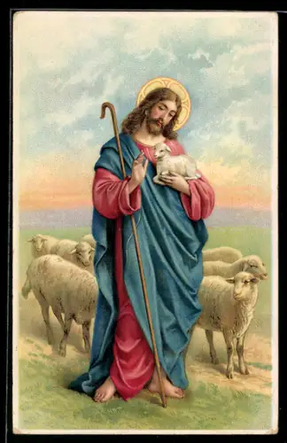 Präge-AK Jesus Christus mit einem Lamm im Arm