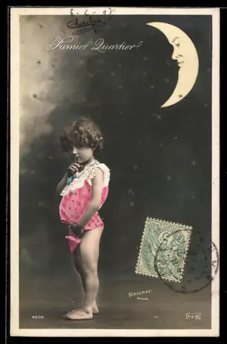 AK Premier Quartier, Mädchen im Kleid und Mond mit Gesicht, Metamorphose