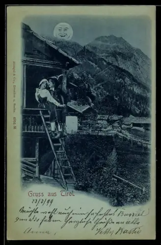 Mondschein-AK Paar bei einer Hütte mit einem Mond mit Gesicht, Metamorphose