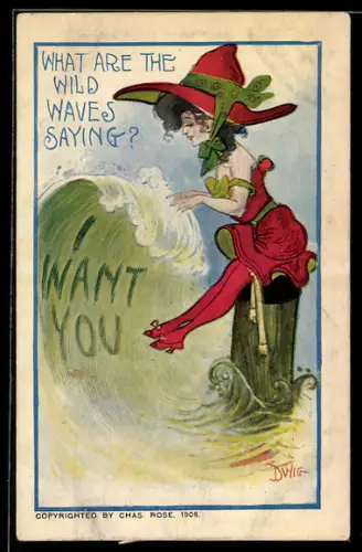 AK Attraktive Frau im roten Kleid lauscht den Wellen, optische Täuschung