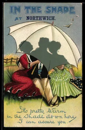 AK Mann mit zwei Frauen im Arm hinter einem Regenschirm, optische Täuschung