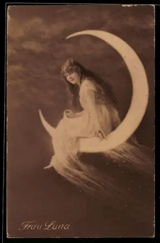 AK Frau sitzt auf einem Sichelmond
