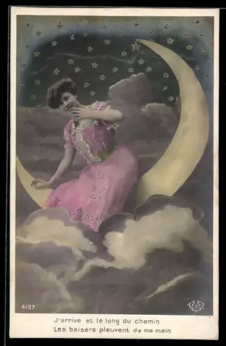 AK Junge Dame sitzt auf der Sichel des Mondes