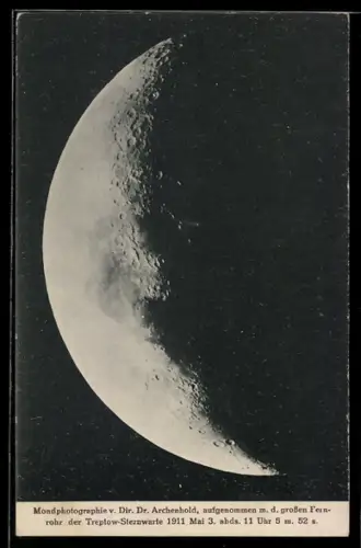 AK Mond im Halbdunkel, aufgenommen mit dem Fernrohr der Treptow-Sternwarte