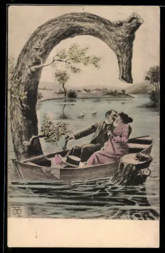 AK Paar auf einem Boot, umgeben von einem Baum in Form des Buchstaben C